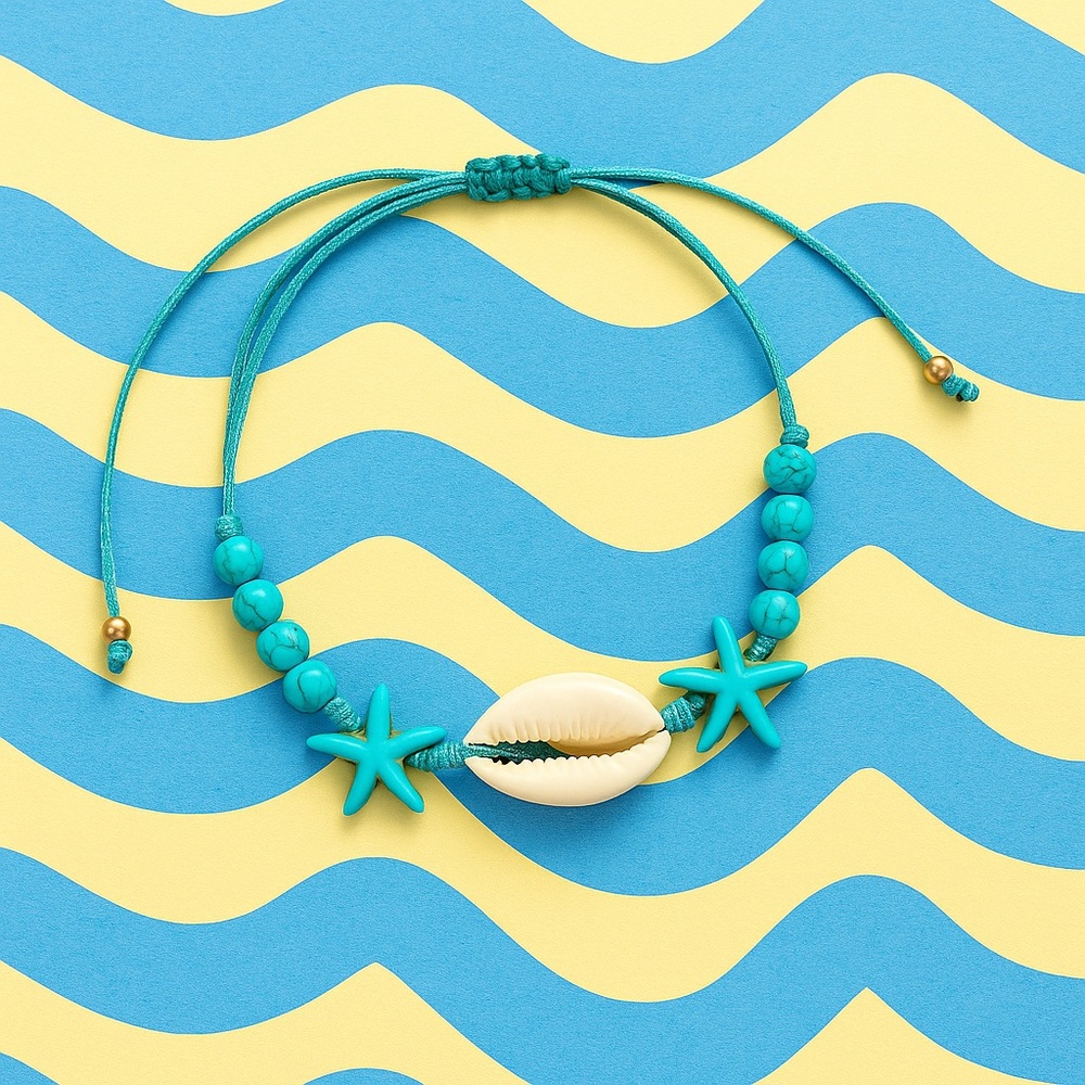 Beach Blue Bead Adjustable Bracelet or Ankle Bracelet with Shell and Starfish